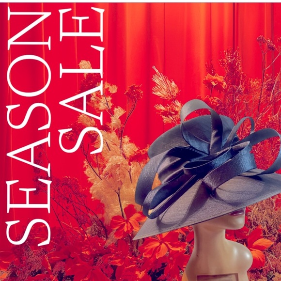 Giovannio Design in England Extra Wide Brimmed Fancy Navy Blue Derby Tea Hat - Picture 3 of 11